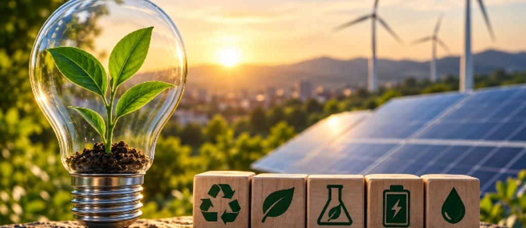 Fotografia conceitual sobre sustentabilidade e energia limpa sob a luz dourada do pôr do sol. À esquerda, sobre uma superfície de pedra com musgo, há uma lâmpada de vidro transparente com um broto de planta surgindo da terra dentro da lâmpada. À direita, alinhados ao lado da lâmpada, estão cinco pequenos blocos de madeira, cada um com um ícone verde estampado: o símbolo de reciclagem, uma folha, um frasco de laboratório com uma folha dentro, uma bateria e uma gota de água. Ao fundo, há uma fileira de painéis solares azuis e três turbinas eólicas brancas em funcionamento.