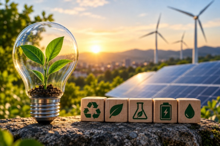 Fotografia conceitual sobre sustentabilidade e energia limpa sob a luz dourada do pôr do sol. À esquerda, sobre uma superfície de pedra com musgo, há uma lâmpada de vidro transparente com um broto de planta surgindo da terra dentro da lâmpada. À direita, alinhados ao lado da lâmpada, estão cinco pequenos blocos de madeira, cada um com um ícone verde estampado: o símbolo de reciclagem, uma folha, um frasco de laboratório com uma folha dentro, uma bateria e uma gota de água. Ao fundo, há uma fileira de painéis solares azuis e três turbinas eólicas brancas em funcionamento.